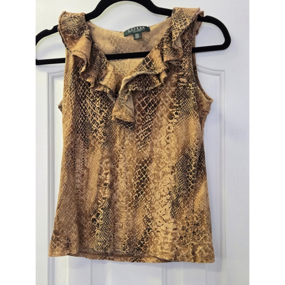 Lauren Ralph Lauren Brown Snakeskin Ruffle V-Neck Sleeveless Top PXS Preppy